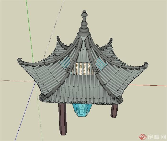 中式六角景观亭su模型(2)