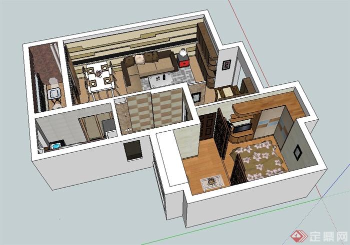 某现代风格小区户型室内空间设计su模型(1)