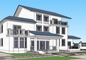 美式风格庭院别墅建筑设计SU(草图大师)模型
