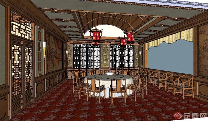 中式风格餐厅包间室内设计su模型(1)