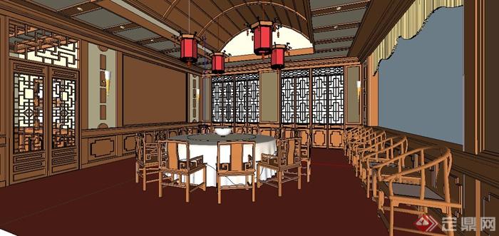 中式风格餐厅包间室内设计su模型(2)