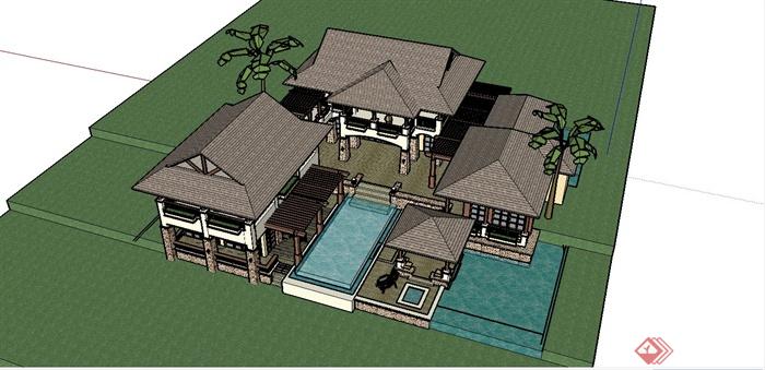 某东南亚风格度假别墅建筑设计SU模型(1)