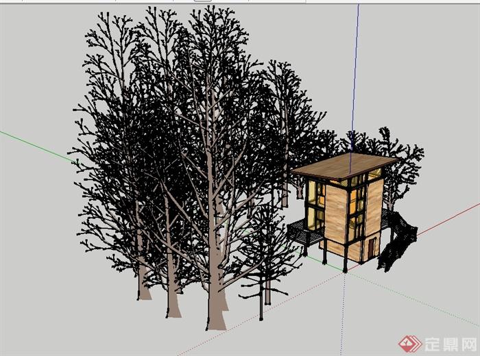 某现代风格落叶树景观楼塔设计su模型(3)