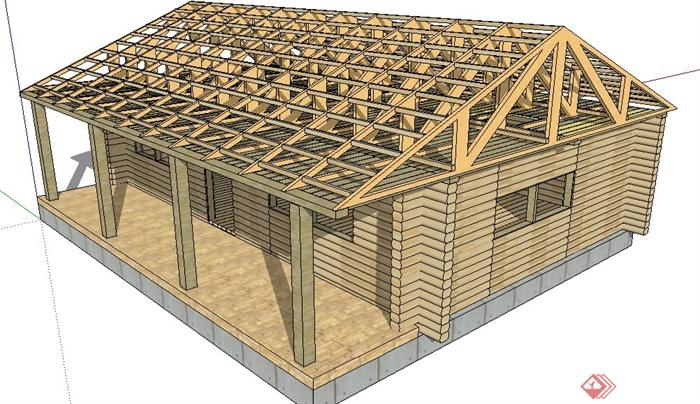 现代木结构住宅小屋建筑su模型原创