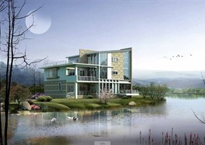某现代风格滨河别墅建筑设计CAD施工图含JPG效果图