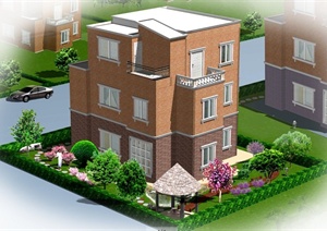 现代三层别墅效果图及庭院平面