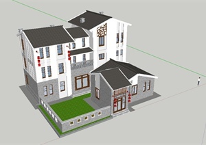 某细致新中式风格独栋别墅建筑设计SU(草图大师)模型