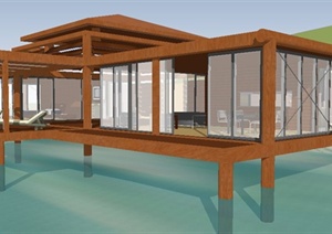 现代中式水中别墅建筑设计SU(草图大师)模型
