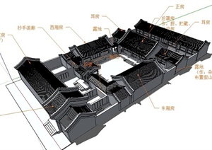 中式风格四合院三进院建筑设计SU(草图大师)模型