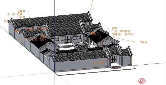 中式风格四合院三进院建筑设计su模型(3)