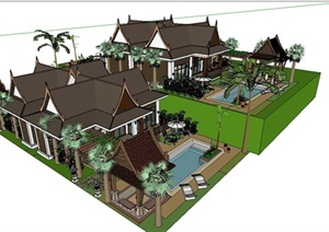某东南亚风格豪华度假别墅建筑设计SU(草图大师)模型