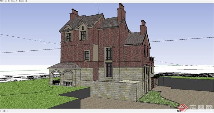 某英式风格独栋豪华别墅建筑设计SU模型含CAD施工图(12)