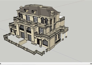 某细致法式风格双拼别墅建筑设计SU(草图大师)模型