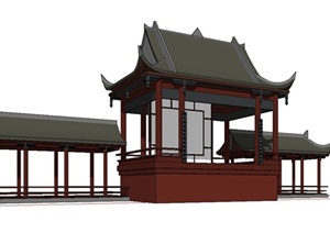 某古典中式风格简约戏台廊道设计SU(草图大师)模型