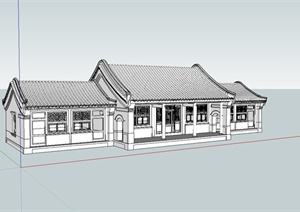 古典中式风格单层四合院正房建筑设计SU(草图大师)模型