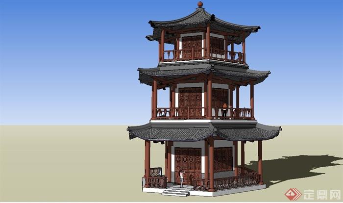 某古典中式风格六角楼建筑设计SU模型(1)