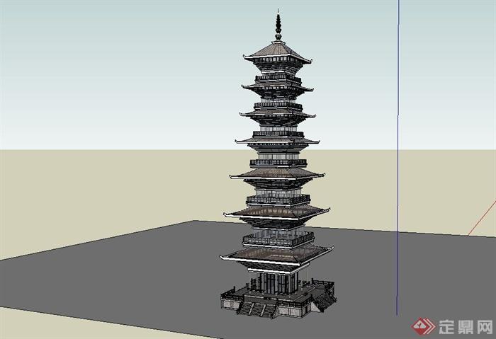 某古典中式风格四角塔建筑设计SU模型(1)