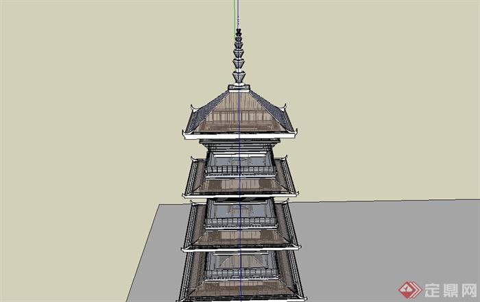 某古典中式风格四角塔建筑设计SU模型(2)