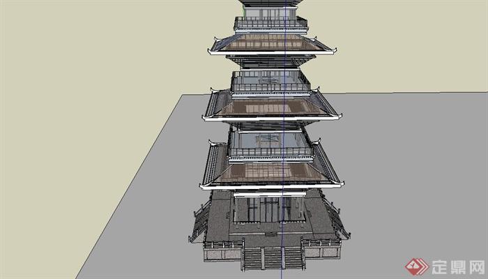 某古典中式风格四角塔建筑设计SU模型(3)