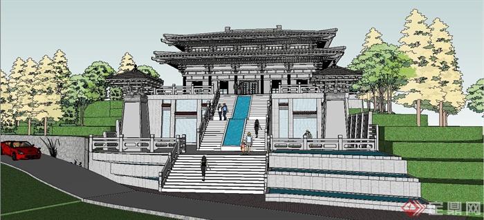 某古典中式唐风山地纪念馆建筑设计SU模型(1)