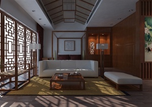 某现代中式风格客厅SU(草图大师)模型及渲染图