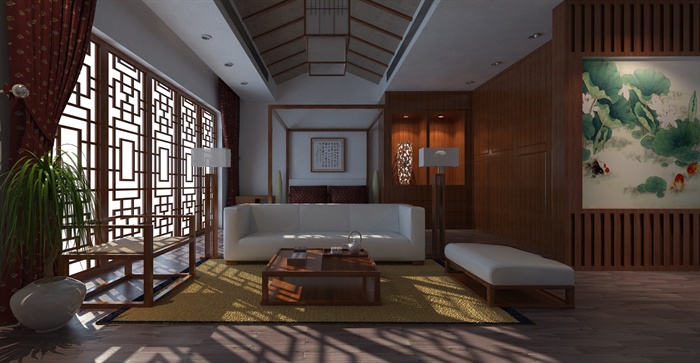 某现代中式风格客厅su模型及渲染图