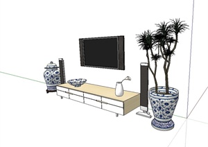 某现代风格详细室内客厅电视柜及盆栽设计SU(草图大师)模型