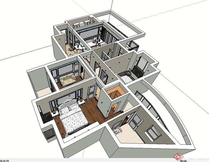 欧式风格住宅室内空间设计su模型(2)