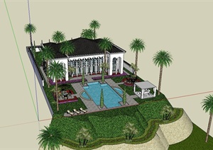 美式风格私人独栋别墅建筑及庭院设计SU(草图大师)模型