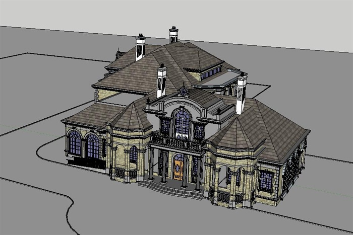法式豪宅大独栋别墅ＳＵ单体模型（附高清效果图+CAD建筑平、剖面图）(6)