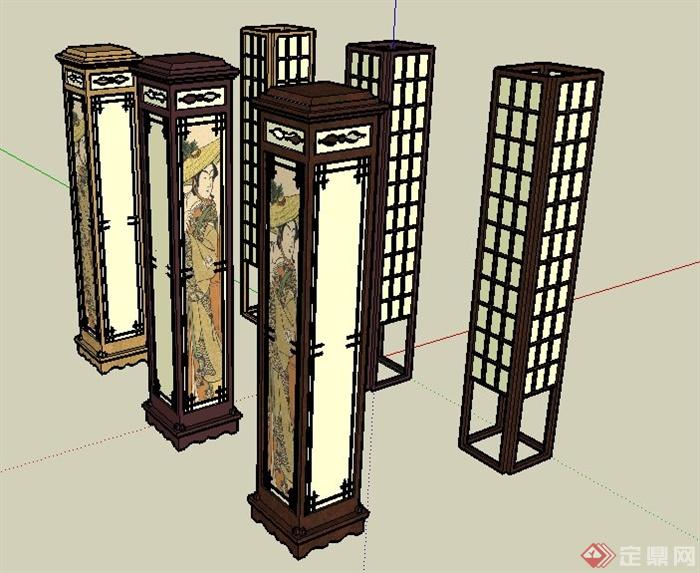 6款中式风格室内灯柱设计su模型(3)