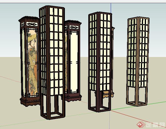 6款中式风格室内灯柱设计su模型(2)