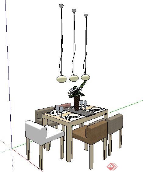 简约餐桌椅及吊灯组合su模型(1)