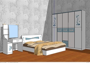 现代风格住宅空间卧室床及衣柜设计SU(草图大师)模型