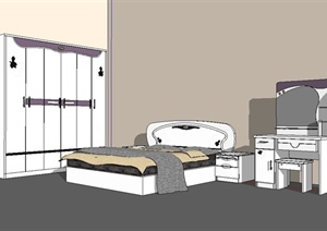 现代风格室内住宅空间卧室床衣柜设计SU(草图大师)模型
