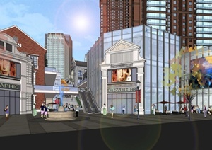 现代风格精品商业街区配套大型广场SU(草图大师)模型加效果图