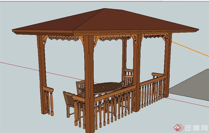 中式长亭及木桌椅设计su模型(1)