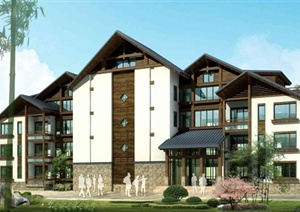 东南亚风格公寓式酒店建筑设计SU(草图大师)模型(附CAD建筑施工图 效果图)