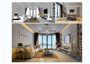 现代风格详细室内住宅客厅空间设计SU(草图大师)模型