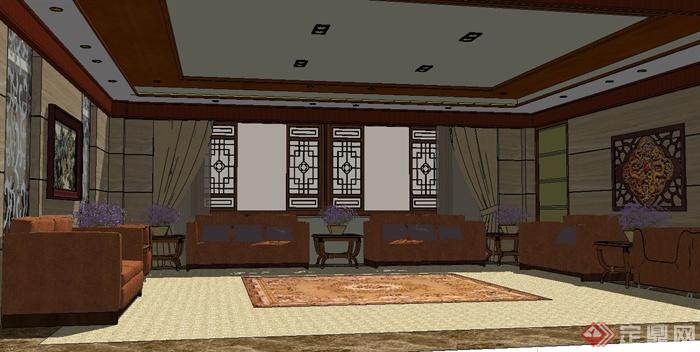 现代中式风格会议室室内设计su模型(1)