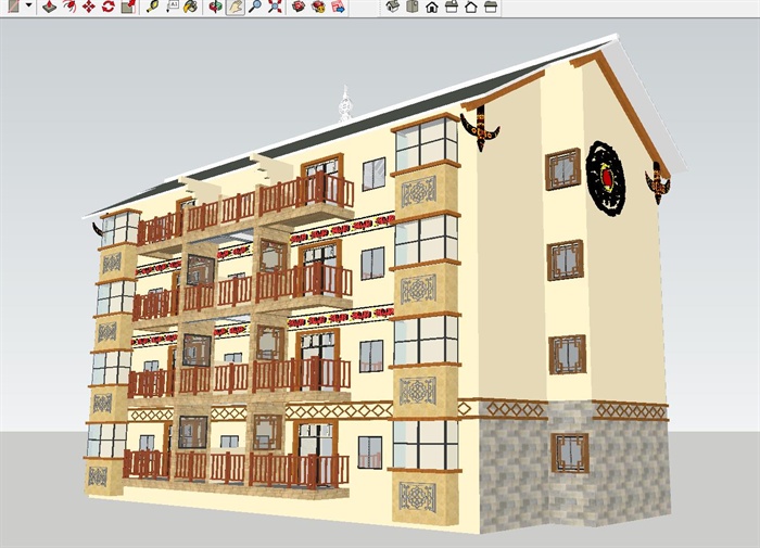 彝族风格住宅楼建筑方案带特色彝族文化构件SU细致模型(2)