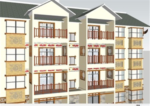 彝族风格住宅楼建筑方案带特色彝族文化构件SU(草图大师)细致模型