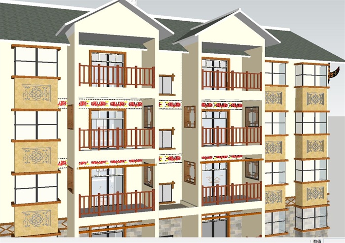 彝族风格住宅楼建筑方案带特色彝族文化构件SU细致模型(1)