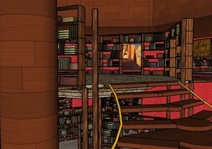 现代风格独特详细图书馆室内空间设计SU(草图大师)模型