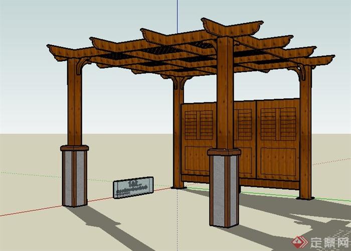 中式木廊架单体su模型(2)
