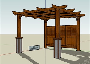 中式木廊架单体SU(草图大师)模型
