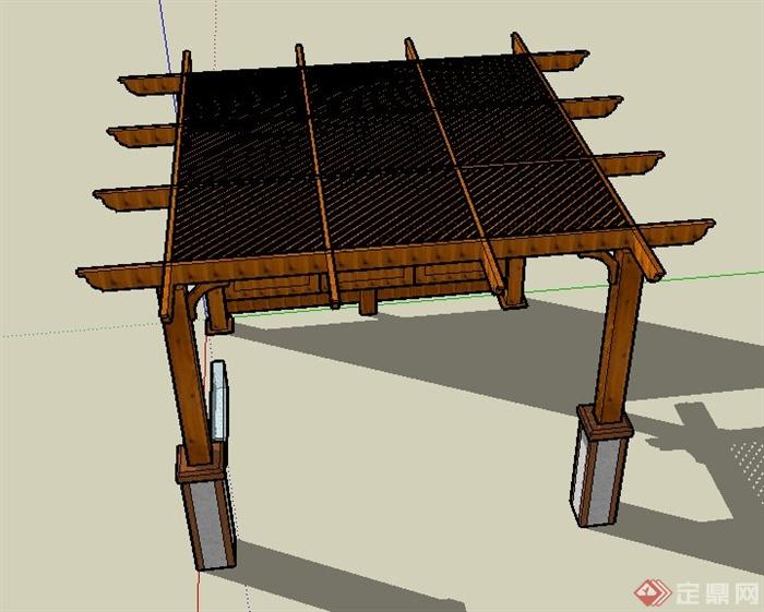 中式木廊架单体su模型(3)