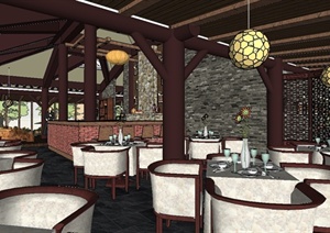 现代风格详细室内餐饮空间设计SU(草图大师)模型
