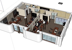 现代中式风格详细室内办公空间设计SU(草图大师)模型