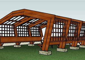 中式木廊架及桌椅组合SU(草图大师)模型